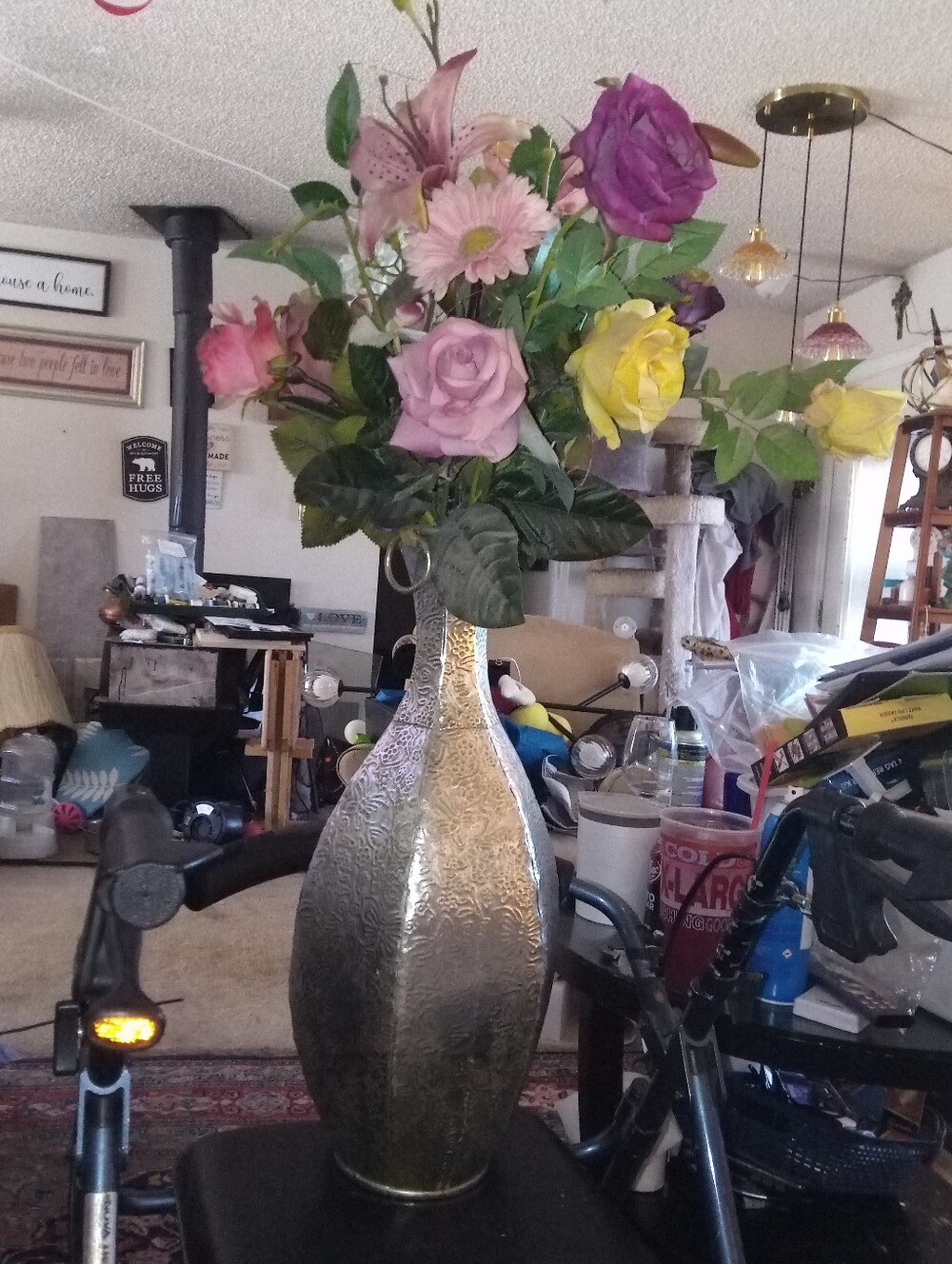 Pottery Barn Multicolor Faux Floral Bouquet in Textured Gold Vase